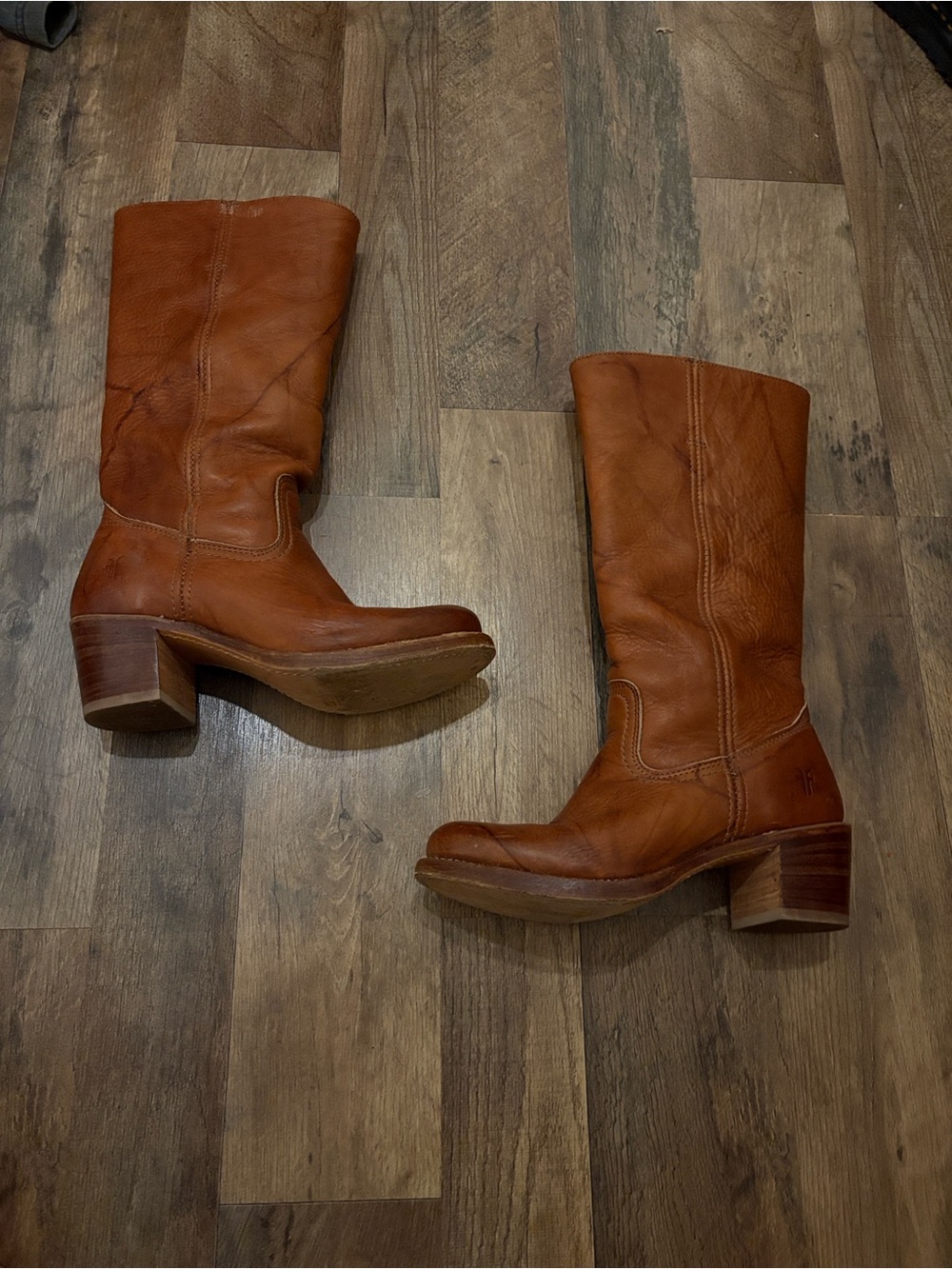 Frye Campus Style Cognac Brown Mid-Calf Heeled Leather Boots